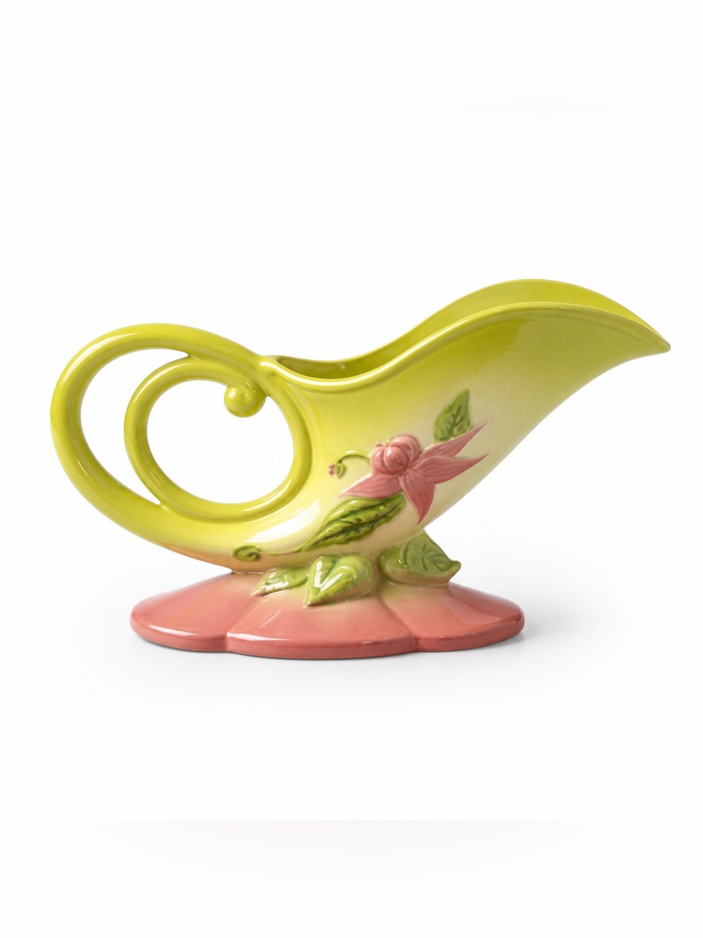 MCM Hull Pottery USA 11" Pink & Chartreuse Handle Cornucopia Vase